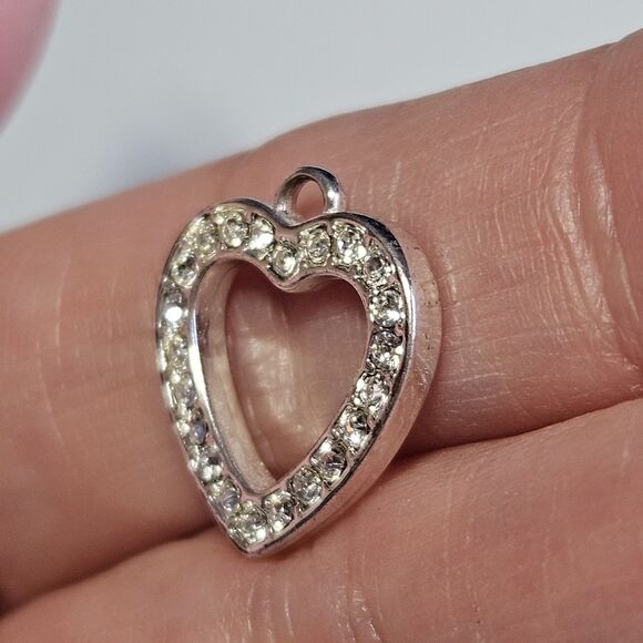 Silver Tone Open Heart Clear Rhinestone Dainty Charm Pendant - Picture 2 of 9